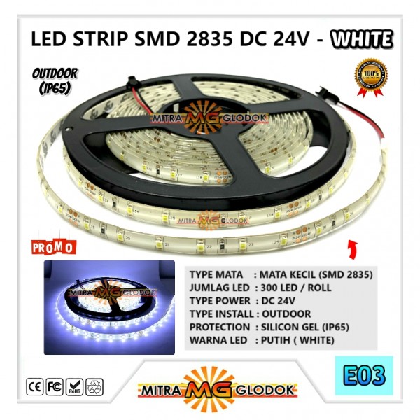 LED Strip Brilux SMD 2835 Mata Kecil DC 24V | IP 65 - Outdoor - Putih / White
